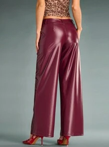 SHEIN BAE Pantalones anchos y sueltos de color borgoña sólido, de material de piel sintética (PU) de uso versátil y minimalista, pantalones cálidos para clima frío, atuendos navideños y de Año Nuevo