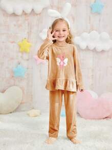 2pcs/Set Young Girl Khaki Minimalist Rabbit Embroidery Long Sleeve Top & Pants, Casual Homewear Set - Brown - View 5