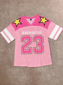 SHEIN EZwear Casual Street Style Pink Colorblock Big Number Print V-Neck Oversized Short Sleeve T-Shirt For Women, Summer