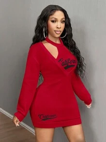 SHEIN SXY Women's Deep V-Neck Long Sleeve Letter Embroidery Mini Dress, Casual & Holiday Homecoming Dress 2pack
