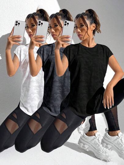 Easithlete 女士迷彩印花短袖休闲运动T恤 3件套健身衫