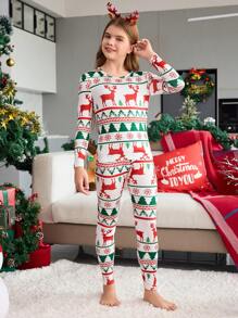 少女圣诞印花长袖上衣和裤子紧身睡衣套装 - 彩色 - 查看 2
