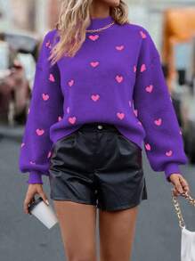 SHEIN LUNE 女士休闲爱心图案落肩宽松针织毛衣，适合秋冬季节穿着。 - 紫色 - 查看 1