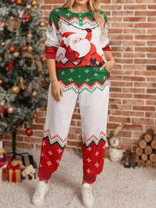 EMERY ROSE Conjunto de 2 piezas de ropa para mujer de talla grande, con parte superior holgada con botones y estampado de Papá Noel y pantalones, conjunto de ropa de otoño