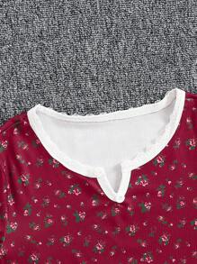 2pcs/Set Pre-Teen Girls Solid Red Floral Allover Print Ruffle Trim Long Sleeve Top And Pants Pajama Set - Red - View 5