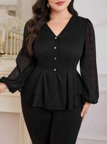 Modelyn Plus Size Elegant Solid Color Cutout Waist Blouse, Autumn - Black - View 5