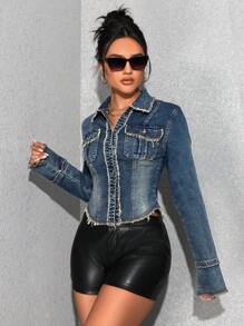 SHEIN EZwear 女式休闲破洞下摆修身短款牛仔衬衫，秋季