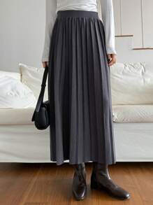 DAZY Women's Loose A-Line Pleated Skirt - Dark Grey - View 4