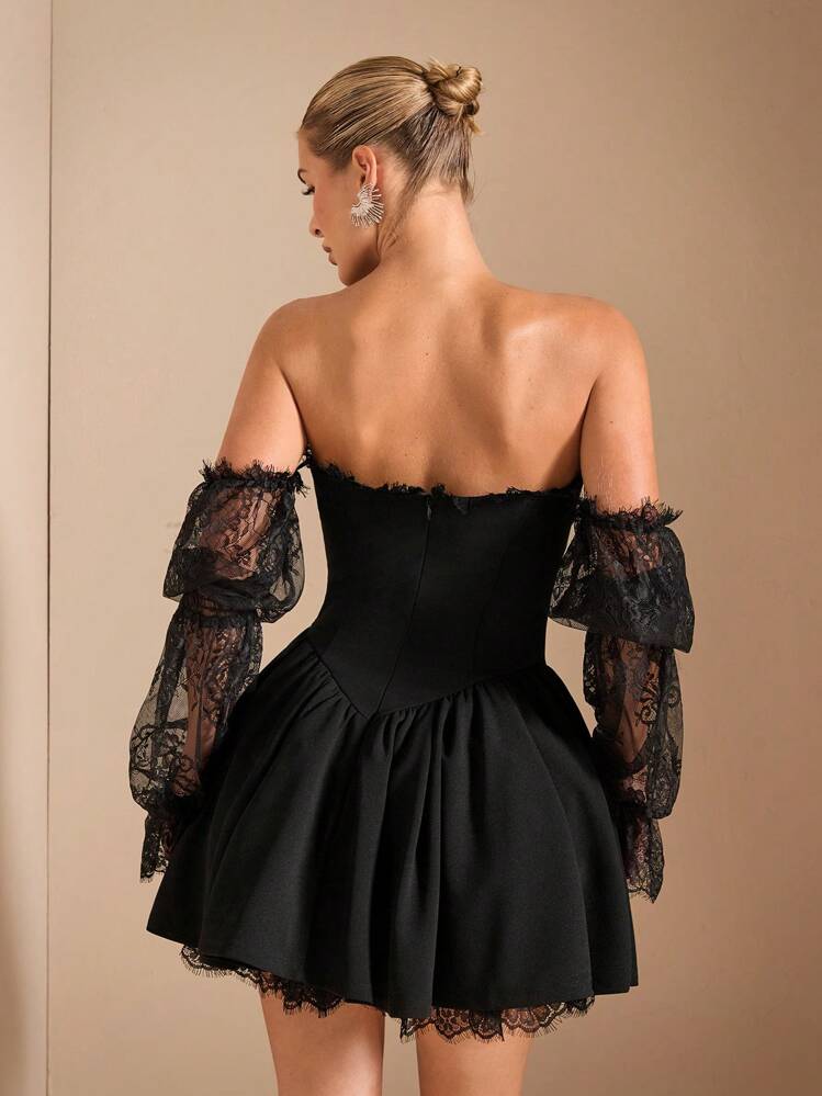 SHEIN BAE Women's Autumn Winter Off-Shoulder Contrast Lace Lotus Sleeve Bodycon Elegant Dress, Suitable For Romantic Dates, Banquet, Daily Elegant Outings, Party Dress, Wedding Guest Dress, Party Dress, Holiday Dress,Valentine's Day,Valentine Outfits For Women - Black - View 2