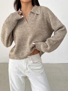 SHEIN PETITE Women's Casual Crew Neck Long Sleeve Knit Sweater