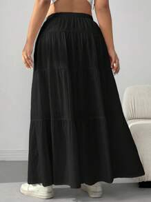 Comfortcana 大码休闲宽松松紧腰荷叶边下摆 A 字裙 - 黑色 - 查看 9