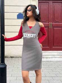 SHEIN Teen Girl Halter Hollow Out American Letter Print 2 i 1 monterad långärmad klänning - Grå - Visa 3