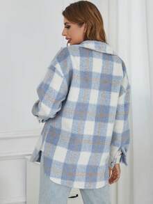 Eilly Bazar 格紋弧形下擺翻蓋口袋落肩袖花呢外套 - 霧霾藍 - 查看 2