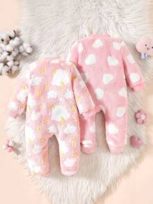 SHEIN 2 件装新生女婴卡通月亮和星星印花连帽长袖前拉链柔软舒适连脚连体衣套装，秋冬 - 淺粉色 - 查看 2