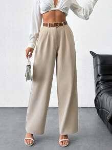 RueChic Women's Solid Mid Rise Belted Suit Pants - Beige - View 3