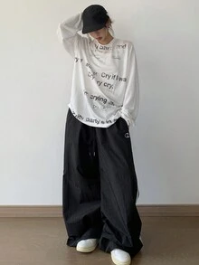 DAZY Women Casual Loose Side Stripe Print Drawstring Sweatpants - Black - View 4