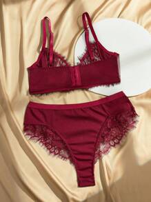 Anewsta طقم ملابس داخلية للسيدات من قطعتين شامل سرير قميص مخطط بالدانتيل وسَرْوال على شكل خطاطيف - عنابي اللون - مشاهدة 2