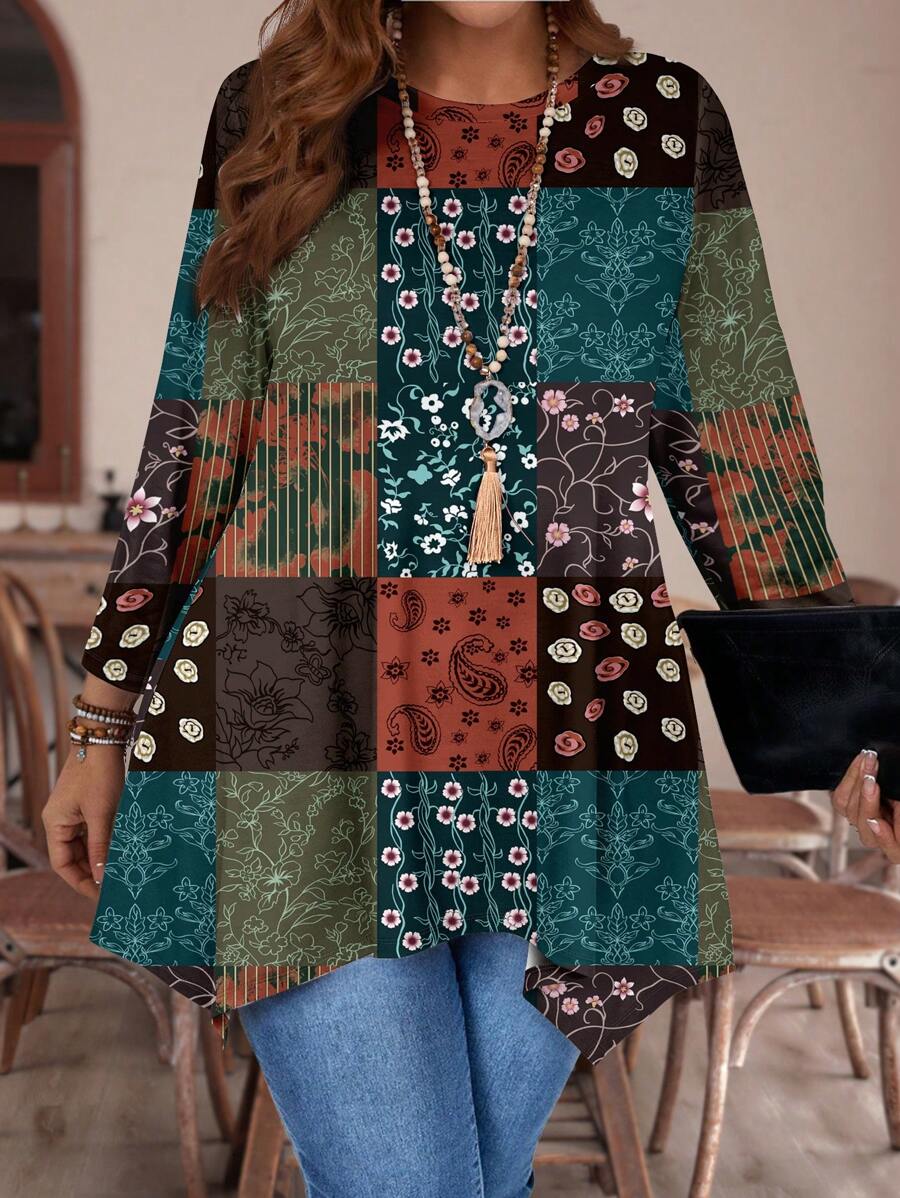 Mellowie Damen Große Größen Retro Blumen Karo Muster Lässig Asymmetrischer Saum Rundhals Loose 3/4 Arm T-Shirt, geeignet für Herbst/Winter