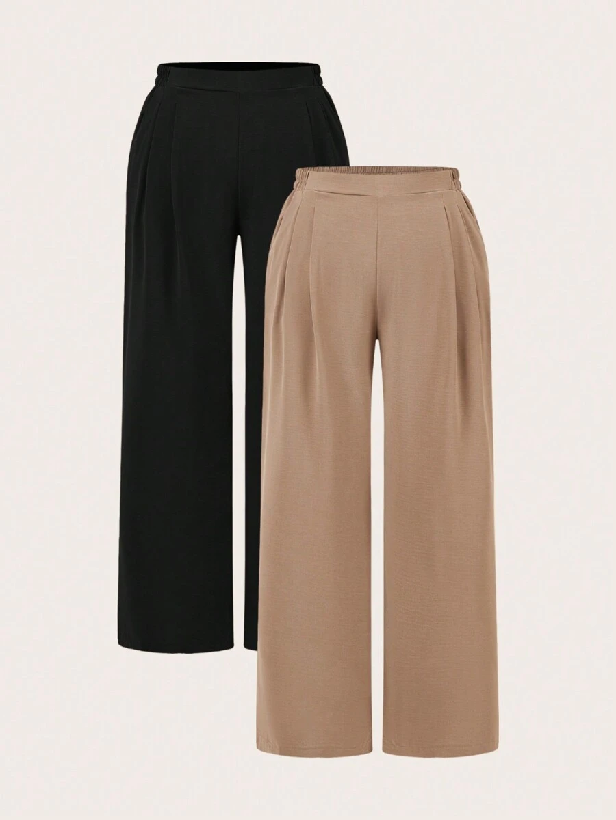 SHEIN Frenchy 2 件女式加大码简约纯色褶皱宽松阔腿裤，休闲百搭，适合日常穿着 - 彩色 - 查看 1