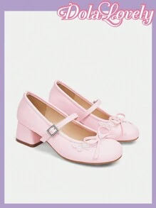 Dola Lovely Round Toe Low Vamp Bow Decoration Thick Heel Pumps, Fashion Women High Heel Shoes Spring Shoes Spring Break Easter