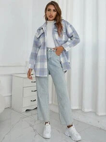 Eilly Bazar 格紋弧形下擺翻蓋口袋落肩袖花呢外套 - 霧霾藍 - 查看 6