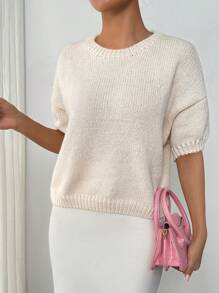 Chiquease 女士纯色圆领短袖简约针织上衣，适合日常休闲穿着 - 杏色 - 查看 3