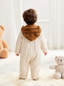 SHEIN Newborn Baby Boy/Girl Brown Winter Cute Date Jumpsuit,Fun Style Drop Shoulder Loose Bear Ear Hooded,Warm Thermal Lined For Autumn & Winter Indoor - Apricot - View 2