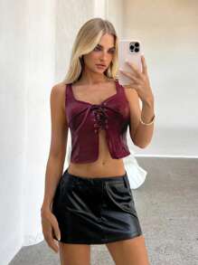 Aloruh Women's Sexy Solid Color Backless Criss Cross Front Crop Top, Elastic PU Fabric, Suitable For Everyday Wear - Burgundy - View 4