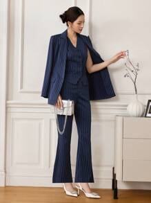 Modelyn 女士三件套：条纹西装外套、无袖背心和高腰喇叭裤，优雅时尚 - 藏蓝色 - 查看 6