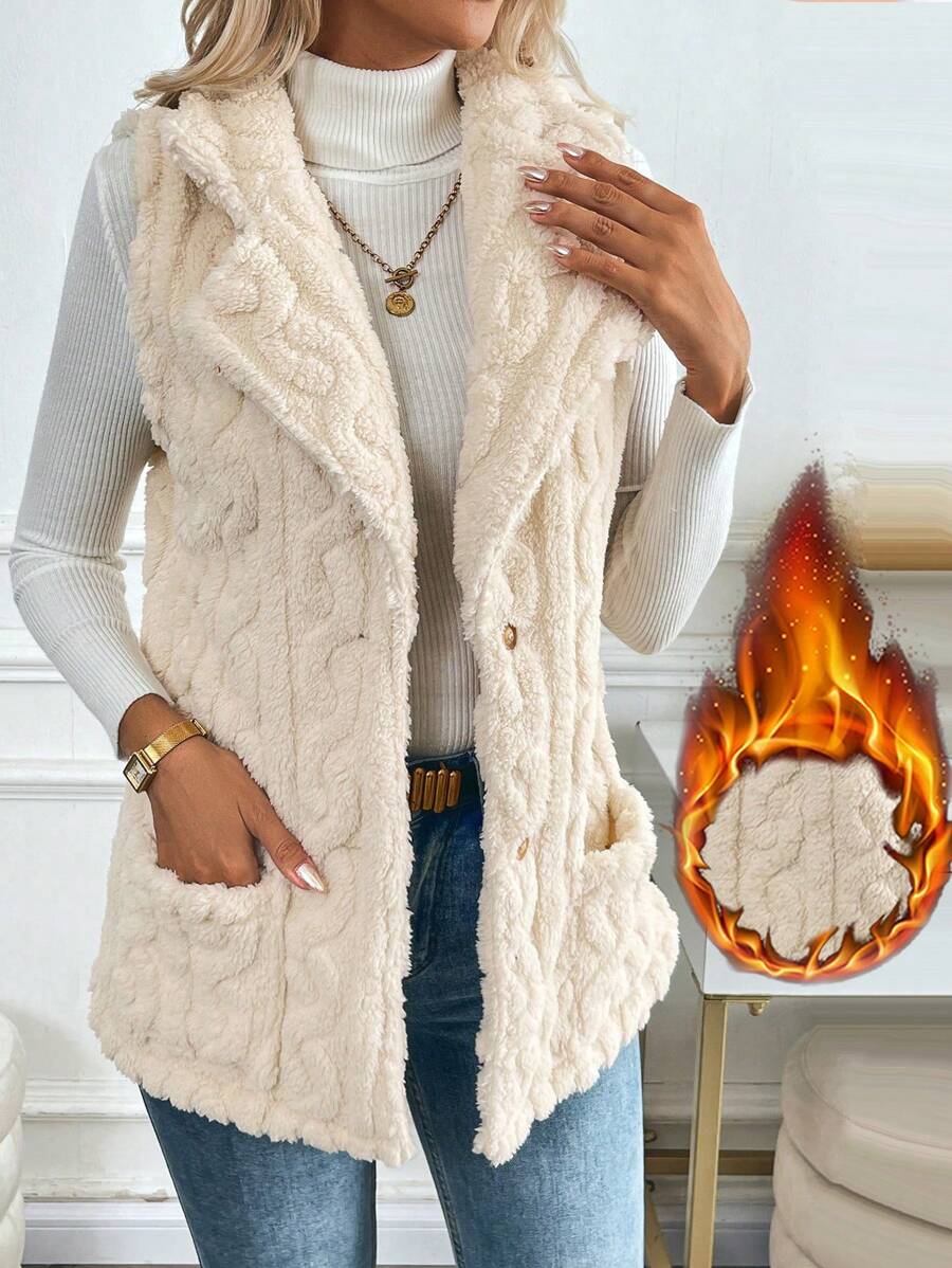 SHEIN LUNE 女士毛绒无袖西装领休闲夹克，常规款式，适合秋冬季 - 米色 - 查看 1