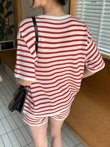 INAWLY 2pcs Women's Spring/Fall Striped Crew Neck Short Sleeve Knit Top And Knitted Shorts Casual Set - Red and White - View 2