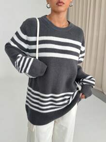 SHEIN Unity Women Casual Contrast Striped Loose Knit Pullover Sweater, Autumn/Winter, Knit Pullover Fall - Grey - View 1