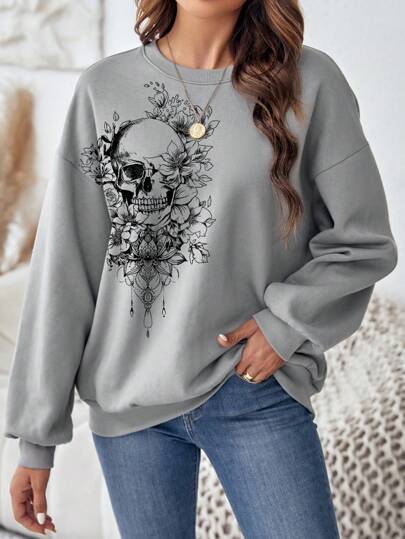 SHEIN LUNE Casual Minimalist Floral Skull Print Round Neck Loose Fit Women Long Sleeve Sweatshirt, Autumn/Winter Graphic Sweatshirt