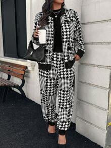 SHEIN Clasi Áo khoác bomber in họa tiết răng sói cỡ lớn cho nữ và quần dài thường ngày, mùa thu - Đen và trắng - Xem 1