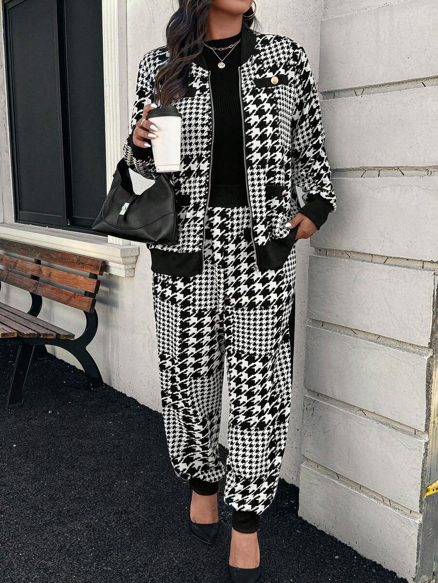 SHEIN Clasi Áo khoác bomber in họa tiết răng sói cỡ lớn cho nữ và quần dài thường ngày, mùa thu - Đen và trắng - Xem 1