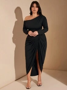 SHEIN BAE 大码女士优雅长袖派对连衣裙，黑色弹力针织面料，褶皱细节，不对称领口和荷叶边下摆，舒适弹力，及地长裙 - 黑色 - 查看 9