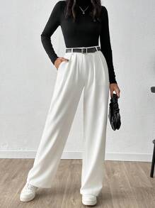 SHEIN Cottnline Women Solid Color Extra Wide Leg Pants - White - View 5