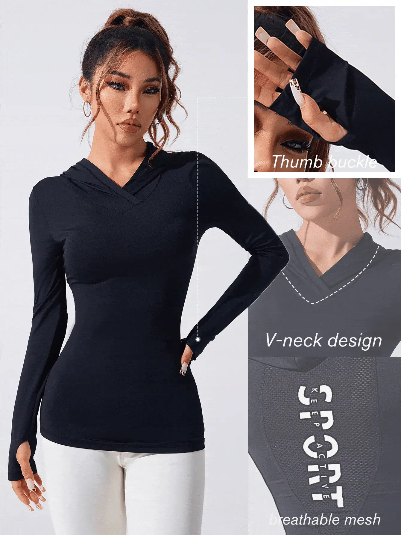 Easithlete 女士连帽运动衫长袖运动瑜伽跑步健身紧身拇指孔透气休闲撞色网眼 V 领连帽衫