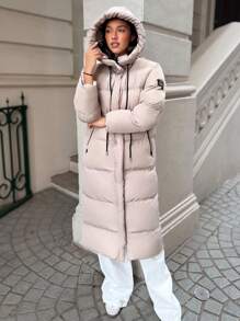 EURMUSE Long Padded Coat Zip Up Zipper Detailed - Beige - View 6