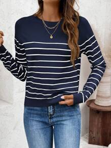 EMERY ROSE Women Striped Crew Neck Casual Comfortable Knitted Sweater, Summer In Fall/Winter - Navy Blue - View 5