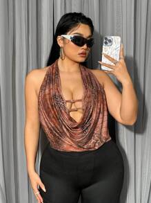 SHEIN ICON Plus Size Women's Leopard Print Halter Cowl Collar Tank Top - Multicolor - View 4