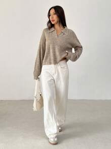 SHEIN PETITE Women's Casual Crew Neck Long Sleeve Knit Sweater
