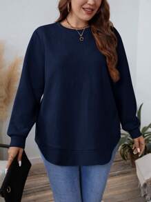 EMERY ROSE Plus Size Solid Crew Neck Long Sleeve Sweatshirt For Autumn/Winter Holiday - Navy Blue - View 6