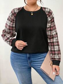 SHEIN LUNE Sudadera casual de cuello redondo de manga larga con estampado a cuadros contrastante, para otoño/invierno, de tallas grandes
