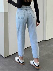 RueChic Women's Casual Washed Side Pocket High Waist Mom Fit Jeans, Spring/Autumn