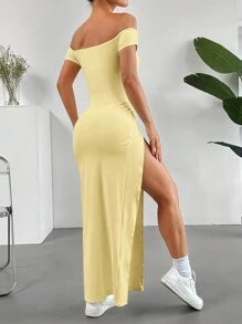 SHEIN EZwear Women's Solid Color Off-Shoulder Split Simple Long Casual Dress, For Daily Wear - Yellow - View 2