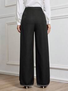 Modelyn Women's Elegant Woven Black Rhinestone Button Straight Leg Trousers Fall Cloth For Women - Black - View 2