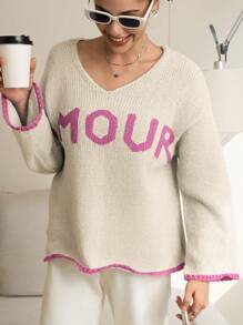 INAWLY Women's Casual Daily Letter Print Drop Shoulder Loose Sweater, Autumn/Winter Knit Pullover Fall - Apricot - View 7