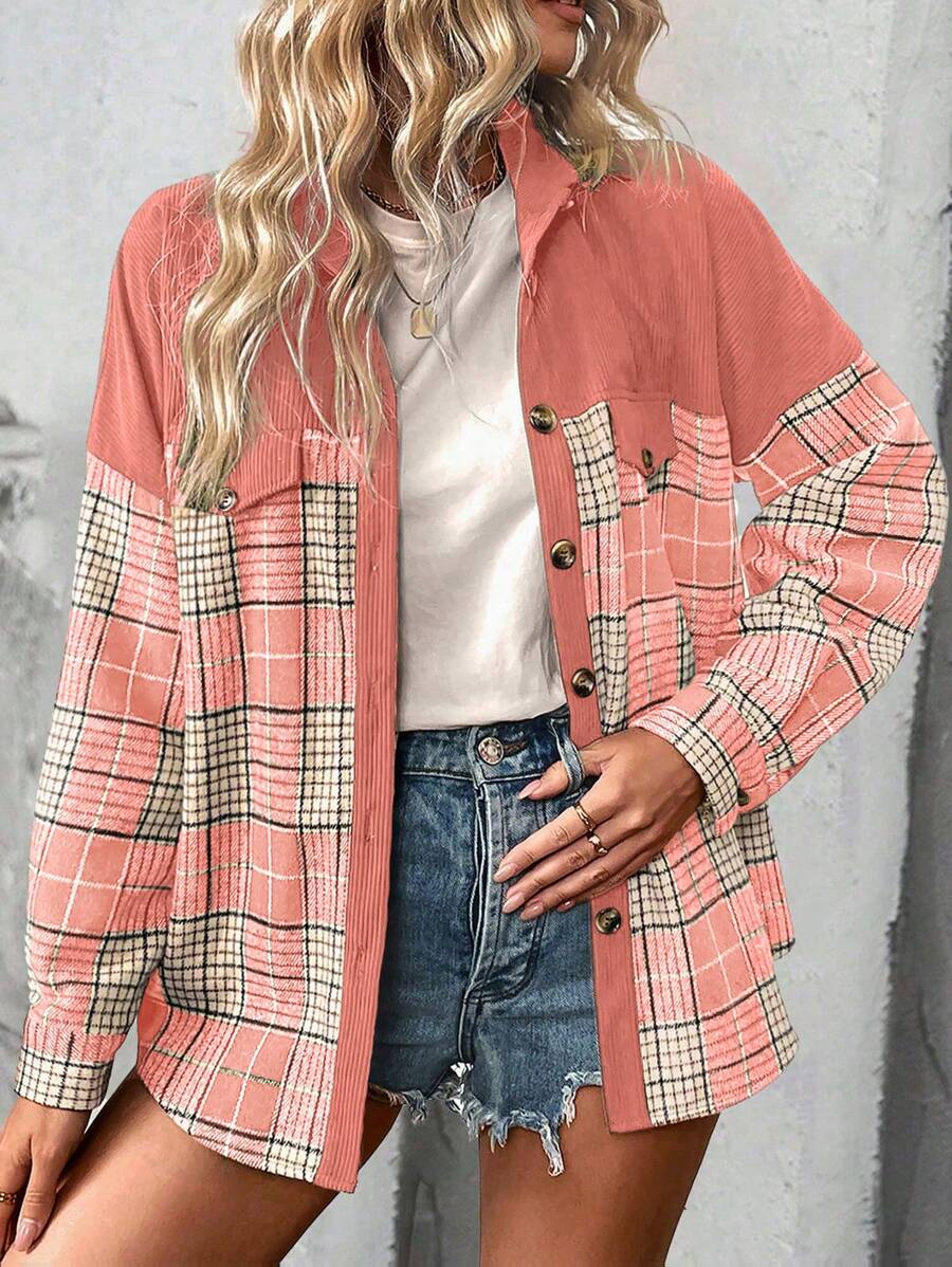 SHEIN LUNE Casual Everyday Plaid Patchwork Dropped Shoulder Long Sleeve Loose Regular Fit Blouse For Women, Autumn/Winter Fall Cloth For Women - Pink - View 1