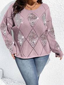SHEIN Unity Pull tricoté casual à encolure ronde, épaules tombantes, avec accent de sequins brillants et effet ajouré, pour femmes grandes tailles. Idéal pour le printemps, l'automne et l'hiver - Prune - Voir 6
